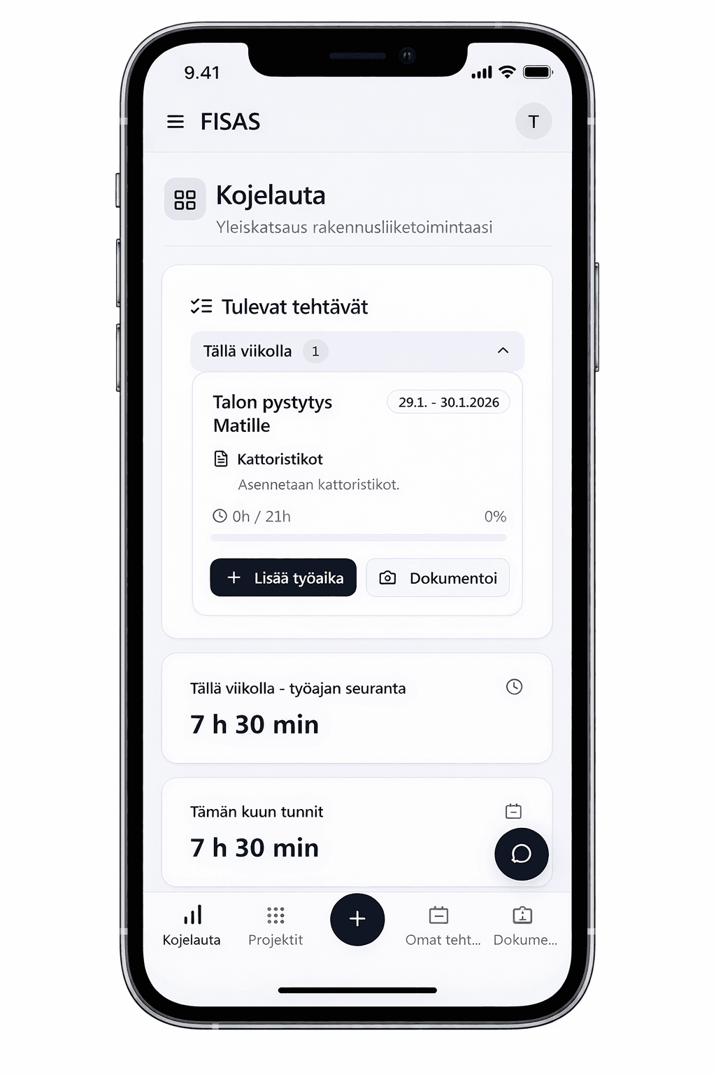 Työaikakirjaukset Fisasin mobiilisovelluksessa