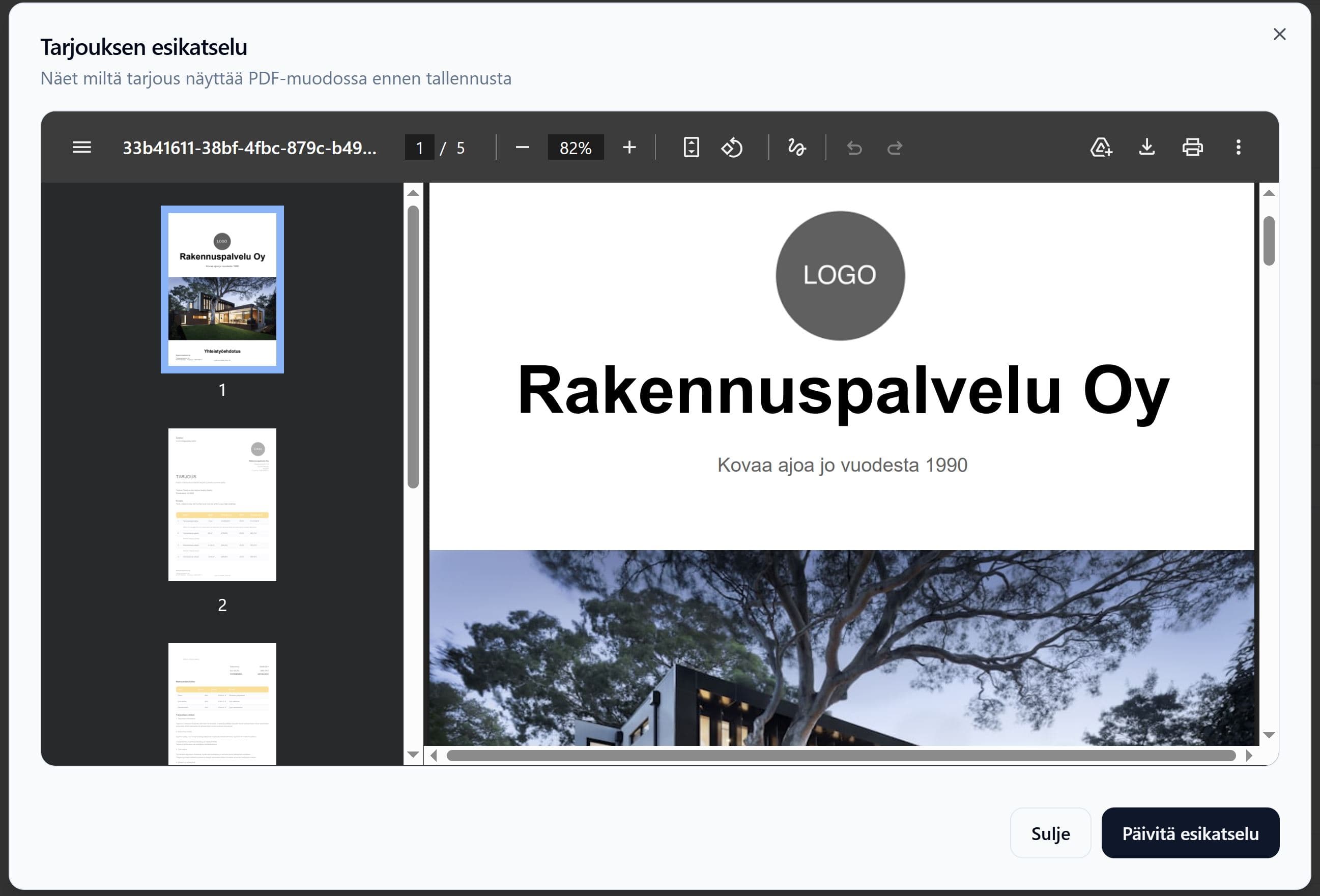 A PDF preview of a quote in Fisas before sending