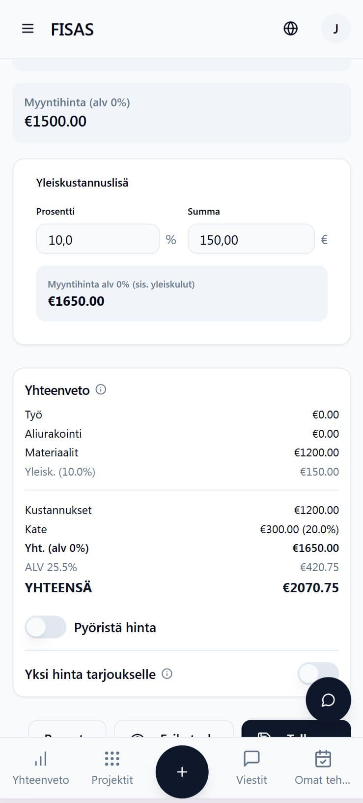 Tarjouslaskenta FiSASissa puhelimella