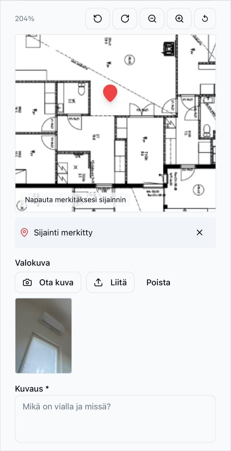 TR-havainto Fisasissa: sijainti merkitty projektin pohjakuvalle, liitetty valokuva ja kuvauskenttä