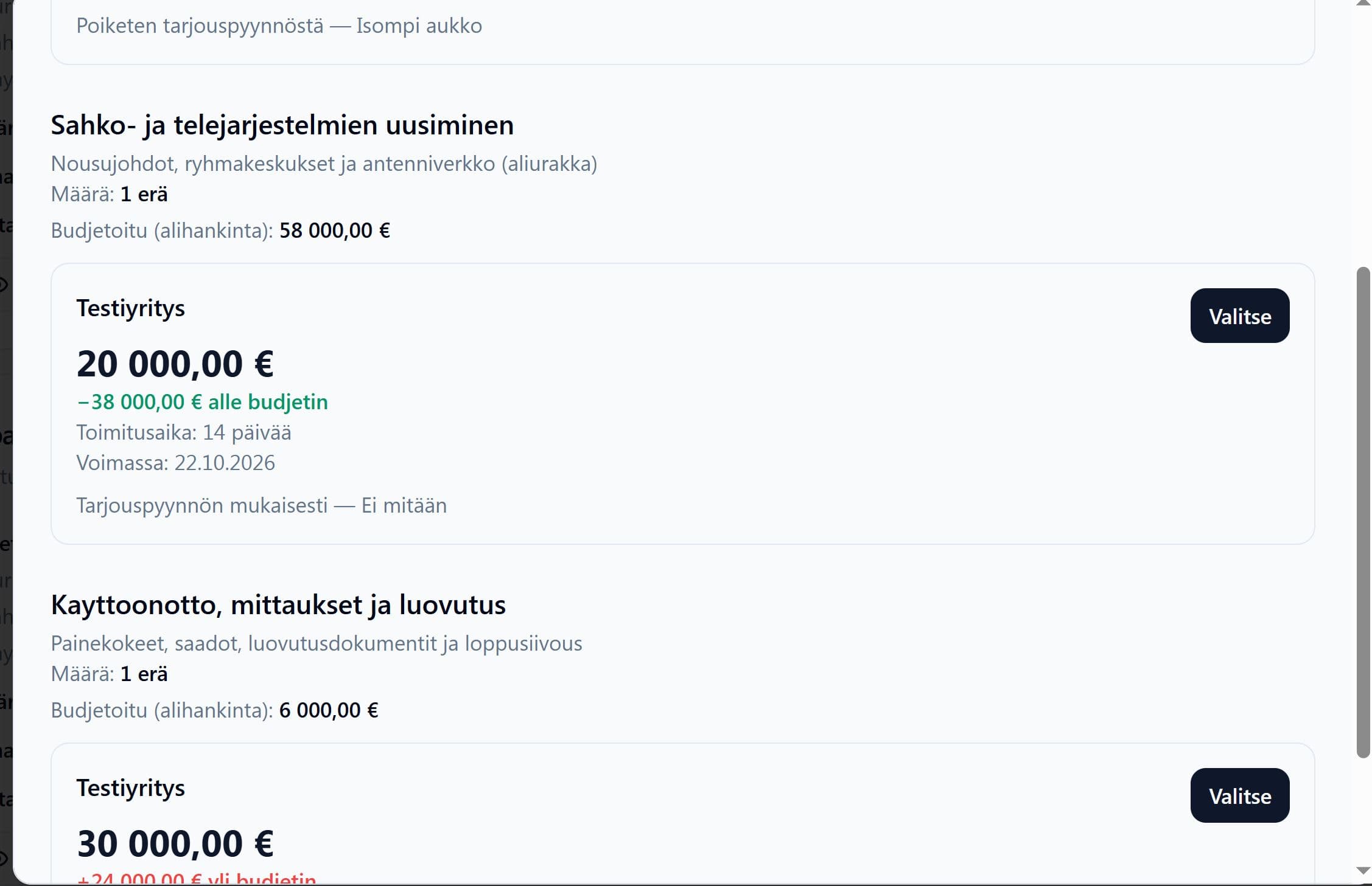 Quote comparison in FiSAS: the budgeted amount and received quotes side by side