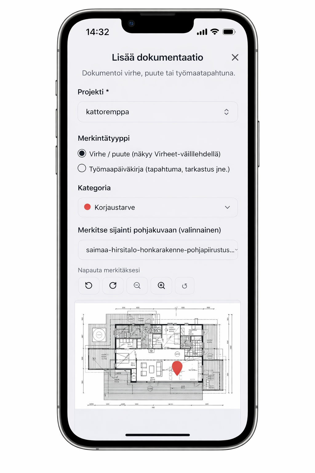 Työmaan kuvat ja pohjakuvamerkinnät projektin dokumentointinäkymässä