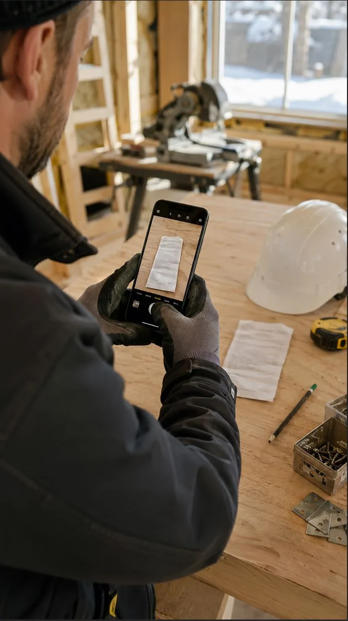 Photographing a receipt on site so the cost never goes unrecorded