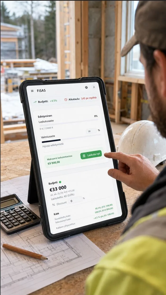 Projektin budjetti, laskutusaste ja kate tabletilla työmaalla