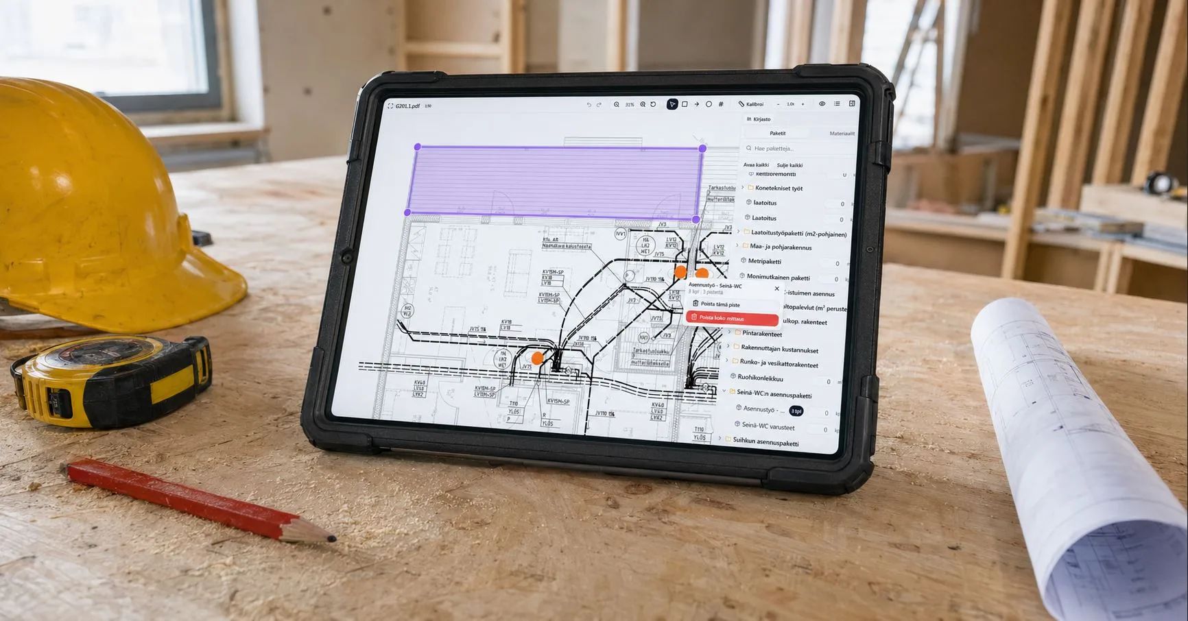 Quantity take-off from a floor plan on a tablet, with the measured area and package library
