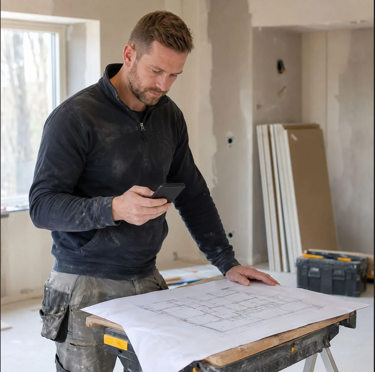 A builder checking project figures on a phone next to the drawings