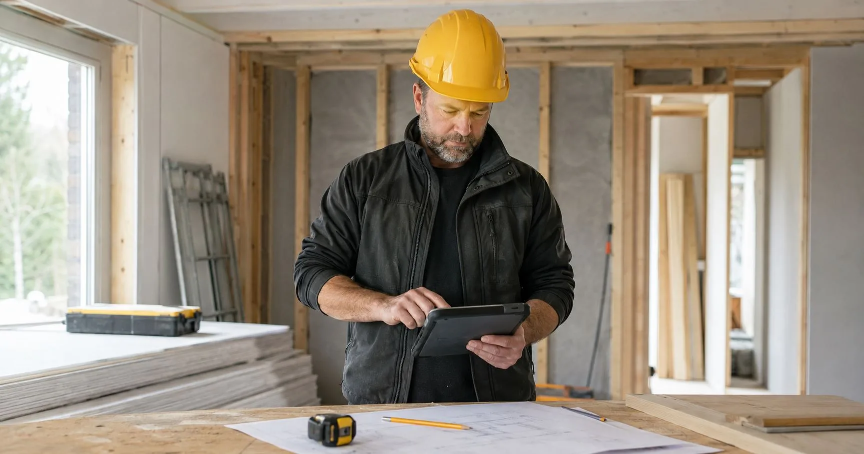 A site manager checking project status on a tablet during the framing stage