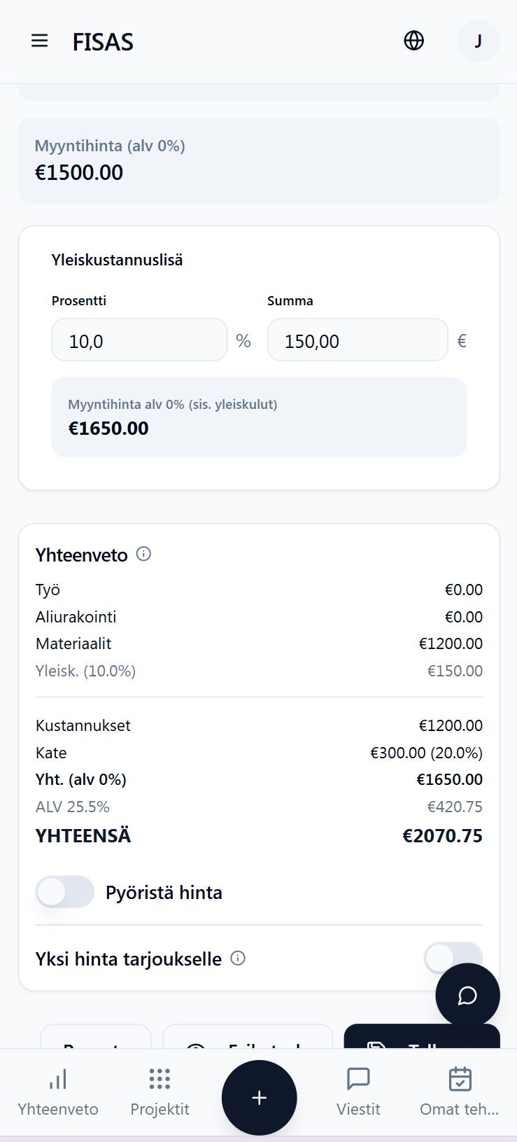 Tarjouslaskenta mobiilissa
