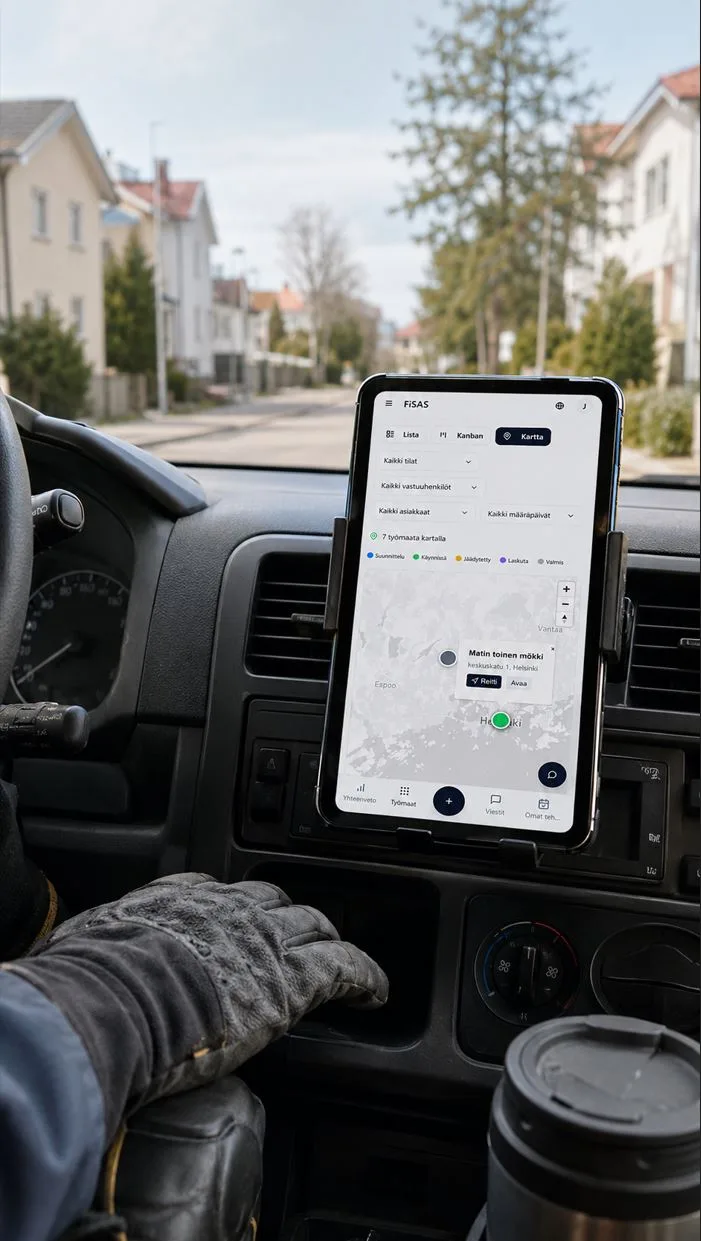 Job sites on a map on a phone mounted in a van, used to plan the driving order