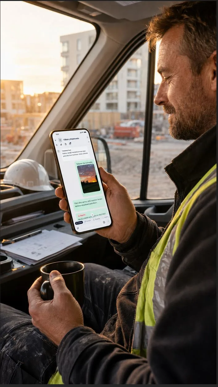 A site message thread and weekly summary on a phone in the van